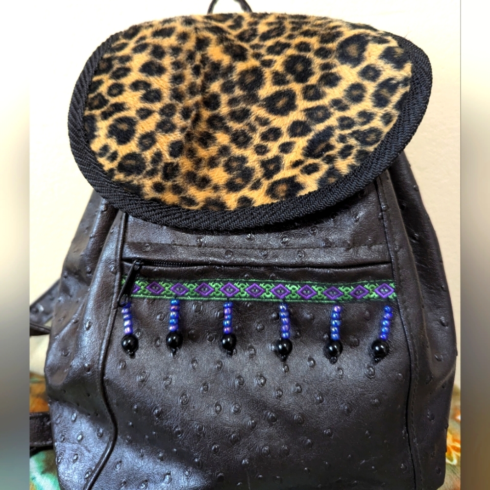 Vintage Lisa Frank Faux Ostrich Leather and Faux Cheetah Fur Backpack with Beads